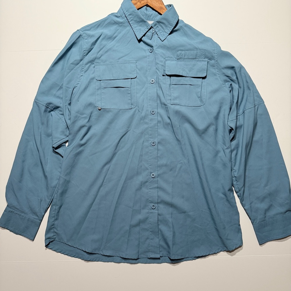 Blue Long Sleeve Women’s Performance Jungle Top, Button Down, Size M